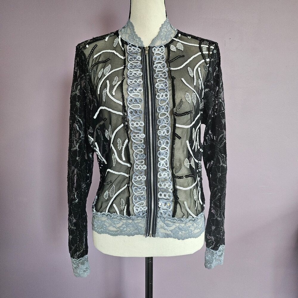 Jaipur Floral Lace Sheer Mesh Office Siren Whimsygoth Glam Boho Zip Up Top